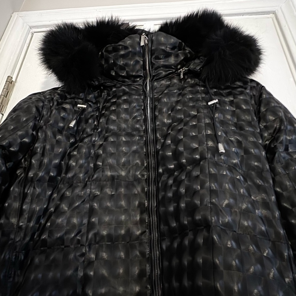 Black Disco Puffer Coat Down Filled  Black Fox Fur Trim Hood -Breach Research